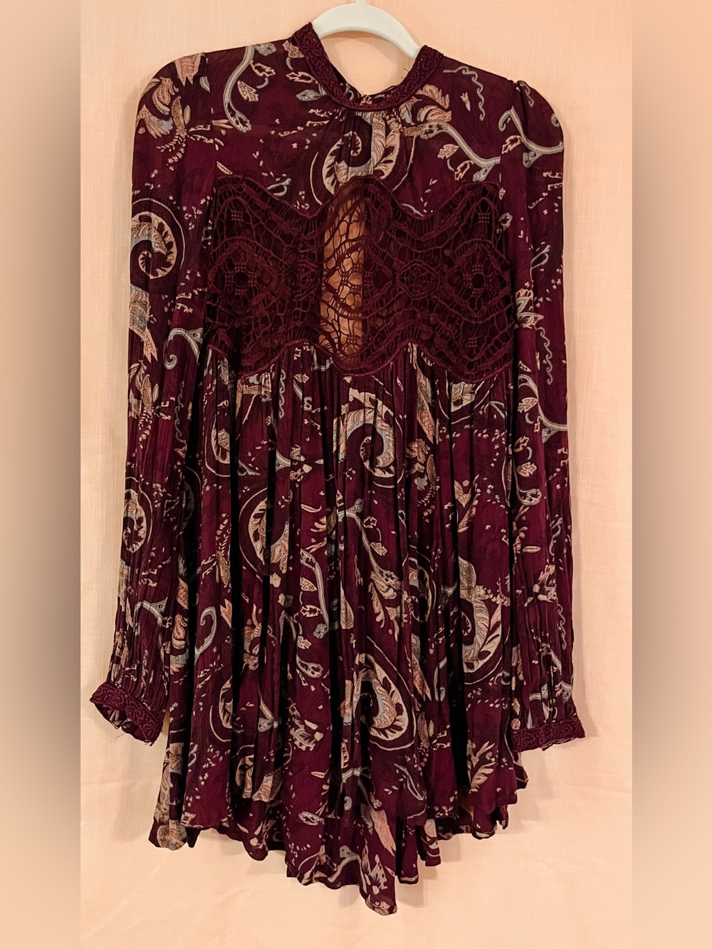 Free People Sweet Thing Boho Lace Paisley Tunic Dress in Deep Burgundy Wine